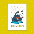 Animal party. Lazy sloth party. Cute sloth playing ukulele. Vector illustration.