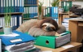 Lazy sloth sleeping at table in office