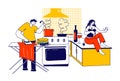 Lazy Spouse Concept. Husband Ironing Clothing and Cooking Dinner, Woman Wife Sitting on Table Make Manicure Drink Wine