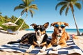 Lazy Summer Days: Cat and Dog Relaxing on Sandy Beach with Oversized Sunglasses