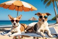 Lazy Summer Days: Cat and Dog Relaxing on Sandy Beach with Oversized Sunglasses Royalty Free Stock Photo