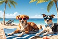 Lazy Summer Days: Cat and Dog Relaxing on Sandy Beach with Oversized Sunglasses Royalty Free Stock Photo