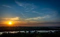 Lazy sun at sunset across Sava river in Belgrade Royalty Free Stock Photo