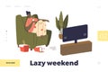 Lazy weekend landing page with girl on sofa with smartphone watch tv and eat food from delivery