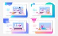 Lazy Weekend Landing Page Template Set. Characters Lying on Bed, Relaxing at Home Watching Tv, Eating Fast Food Pizza