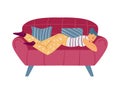 Lazy woman napping on couch unwilling to work, flat vector illustration isolated.