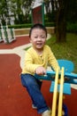 Lboy riding an yellow horse at the playground