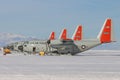 LC130 ski planes on the snow runway at McMurdo Royalty Free Stock Photo