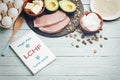 LCHF concept. Notepad with text and dietary food on light table