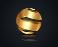 Abstract golden ribbons 3d light sphere effect, gold luxury logo design, vector illustration isolated on black background Royalty Free Stock Photo