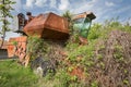 Old abandoned combine harvester. Rusty spoiled combine harvester