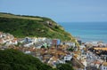 0ld English seaside town. View over rooftops. Funicular railway. Hastings UK.