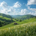 ldyllic rural landscape with green valley and meadow flowers Royalty Free Stock Photo