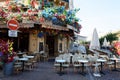 Le Bon Pecheur is corner cafe decorated with flowers. It located near the district of Chatelet in 1st district of Paris. Royalty Free Stock Photo