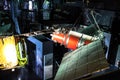 Interior of the Museum of comonautic and aviation Le Bourget, historical rockets and satellites from explorations, Paris