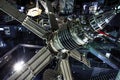 Interior of the Museum of comonautic and aviation Le Bourget, historical rockets and satellites from explorations, Paris