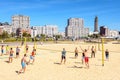 Beach volleyball and the `Porte Oceane` building complex in Le Havre, France Royalty Free Stock Photo