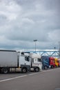 Le Havre, France - May 04, 2018 : Trucks parked on a highway re Royalty Free Stock Photo
