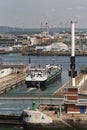 Inland tanker vessel underway in the Port of Le Havre, northern France, Europe.