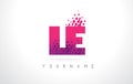 LE L E Letter Logo with Pink Purple Color and Particles Dots Design.