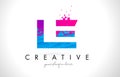 LE L E Letter Logo with Shattered Broken Blue Pink Texture Design Vector.