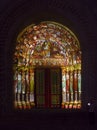 LE MANS, FRANCE - AUGUST 28, 2016: Night of chimera Illuminated perfomance on the wall of Roman and gothic cathedral