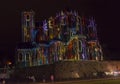 LE MANS, FRANCE - AUGUST 28, 2016: Night of chimera Illuminated perfomance on the wall of Roman and gothic cathedral