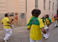 LE MANS, FRANCE - JUNE 13, 2014: Brazilian man dancing at a parade of pilots racing