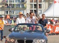 LE MANS, FRANCE - JUNE 16, 2017: Gerard Holtz French sport journalist and Vincent Cerutti radio host at the parade of pilots racin