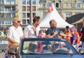 LE MANS, FRANCE - JUNE 16, 2017: Gerard Holtz French sport journalist and Vincent Cerutti radio host at the parade of pilots racin