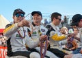 LE MANS, FRANCE - JUNE 16, 2017:Team of Chevrolet Corvette C7.R Oliver Gavin, Tommy Milner, Marcel Fassler at a parade of pilots r