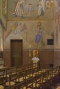 LE MANS, FRANCE - SEPTEMBER 17, 2017: Church St-Lazare with painted frescoes inside of Nikolay Greshniy and catholic stained-glass