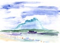Le Morne rock, Indian Ocean and coast of Mauritius island, watercolor travel sketch
