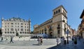 Panoramic view at the St. Marcelo square, Guzmanes Palace and Museo Casa Botines Gaudi, tourist people visiting, LeÃ³n downtown