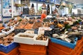 LE TREPORT, FRANCE - OCTOBER 13, 2018: A counter with fresh fish, shrimp, oysters, lobster, snails, scallop at the local famous