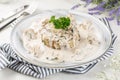 LE TRESOR creamy pasta served in a dish isolated on table side view of arabian risotto food Royalty Free Stock Photo