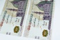 200 LE two hundred Egyptian pounds banknote series 2022 features Qani-Bay mosque in Cairo Egypt and The seated scribe, selective