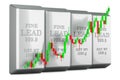 Lead bars with candlestick chart, showing uptrend market. 3D rendering