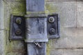 Lead bracket on a victorian lead downpipes. Derbyshire, UK. Royalty Free Stock Photo