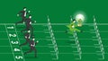A lead businessman holds a tree light bulb, runs and jumps over obstacles on a racetrack