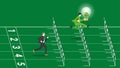 A lead businessman holds a tree light bulb, runs and jumps over obstacles on a racetrack