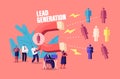 Lead Generation Concept. Tiny Businessman Character Attracting Clients with Huge Magnet Attracting New Leads Technology Royalty Free Stock Photo