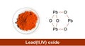 Lead (II,IV) oxide in Chemical Watch Glass on white laboratory table with a chemical compound structure