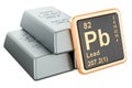 Lead ingots with chemical element icon Plumbum Pb, 3D rendering