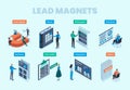 Lead magnet materials, forms, tools. Isometric illustration set of brochure, ebook, report, white paper, infographic