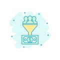 Lead management icon in comic style. Funnel with people, money vector cartoon illustration pictogram. Target client business Royalty Free Stock Photo