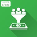 Lead management icon in flat style. Funnel with people, money vector illustration with long shadow. Royalty Free Stock Photo