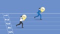 A leader businessman, boss, CEO, a manager and employee are compete run with light bulb on a race track for victory position