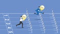 A leader businessman with a light bulb and employee are compete run on a race track