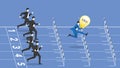 A leader businessman with a light bulb and opponents are compete run on a race track